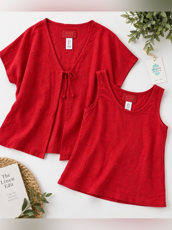 Sigrid Olsen Tops - Sigrid Olsen Linen 2 Piece Set Tank Top Open Front Cardigan Red NWT Size S